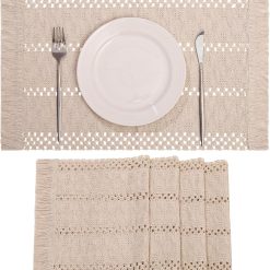 Boho Placemats Set of 4, Fall Placemats Macrame Table Decor Handmade Woven 
Natural Cotton Burlap Farmhouse Rustic Style Placemats, Table Mats Set for 
Dining Table Kitchen