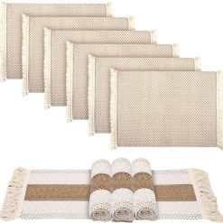 Boho Macrame Table Runner and Placemats Set of 6, Boho Farmhouse Natural 
Burlap Table Runner with Place Mats with Tassels for Dining(Beige and 
Brown)